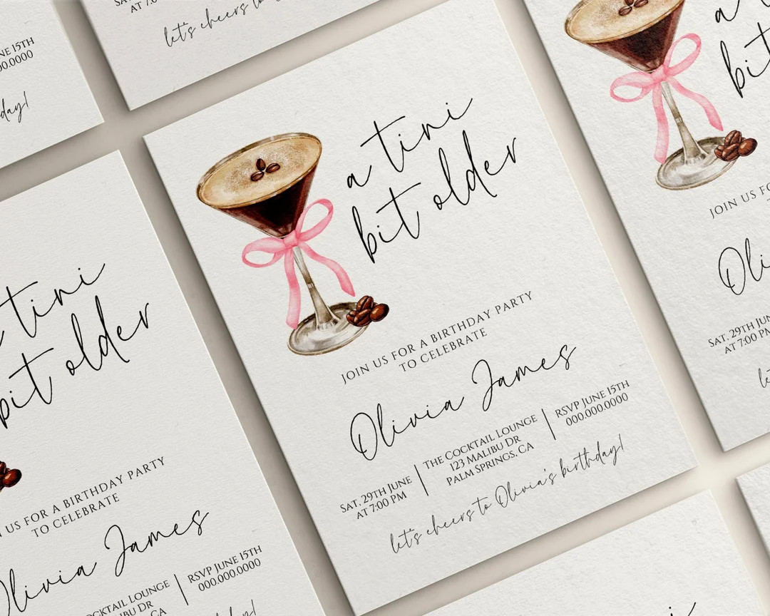 A Tini Bit Older Espresso Coquette Birthday Invitation Template Dirty Martini Cocktail Theme Bow ... | Etsy (US)