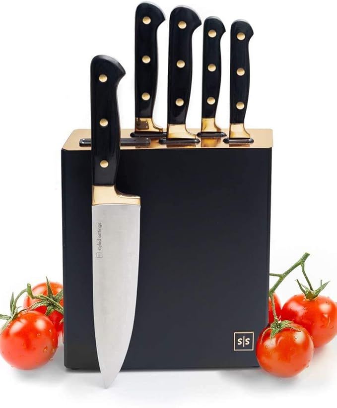Black and Gold Knife Set with Block - 6 PC Luxe Gold Kitchen Knife Set with Block Self Sharpening... | Amazon (US)