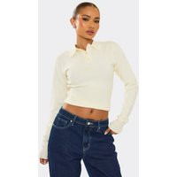 Long Sleeve Collared Button Down Cinched Waist Top In Cream Knit, Women's Size UK Small S | EGO (UK)