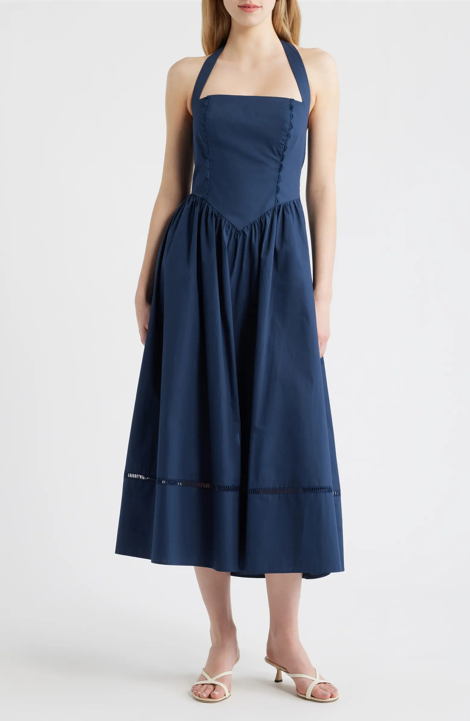MOON RIVER Ladder Stitch Detail Halter Neck Cotton Dress | Nordstrom | Nordstrom