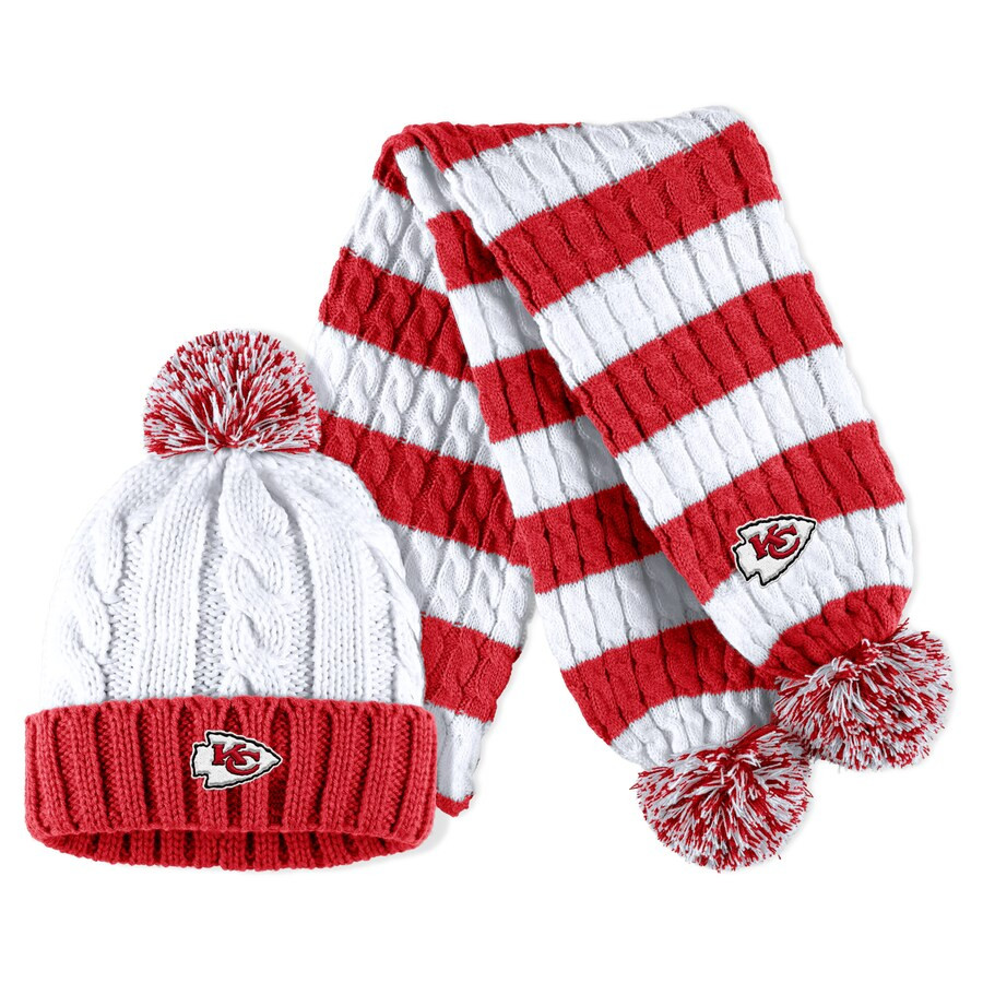 Kansas City Chiefs WEAR by Erin Andrews Women's Cable Stripe Cuffed Knit Hat with Pom and Scarf S... | Fanatics