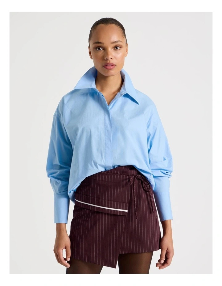 Cotton Poplin Oversized Shirt in Light Blue | Myer