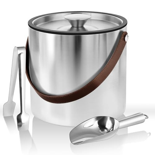 3L Large Ice Bucket with Lid, Scoop, Ice Tong, Strainer & Leather Handle Keep Ice Frozen Longer Large Wine Ice Buckets for Parties,Cocktail Bar, Chilling Beer Champagne, Dark Brown Handle 3L | Amazon (US)