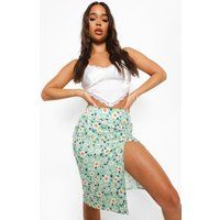 Womens Daisy Floral Print Split Hem Midi Skirt - Green - 6, Green | Boohoo.com (UK & IE)