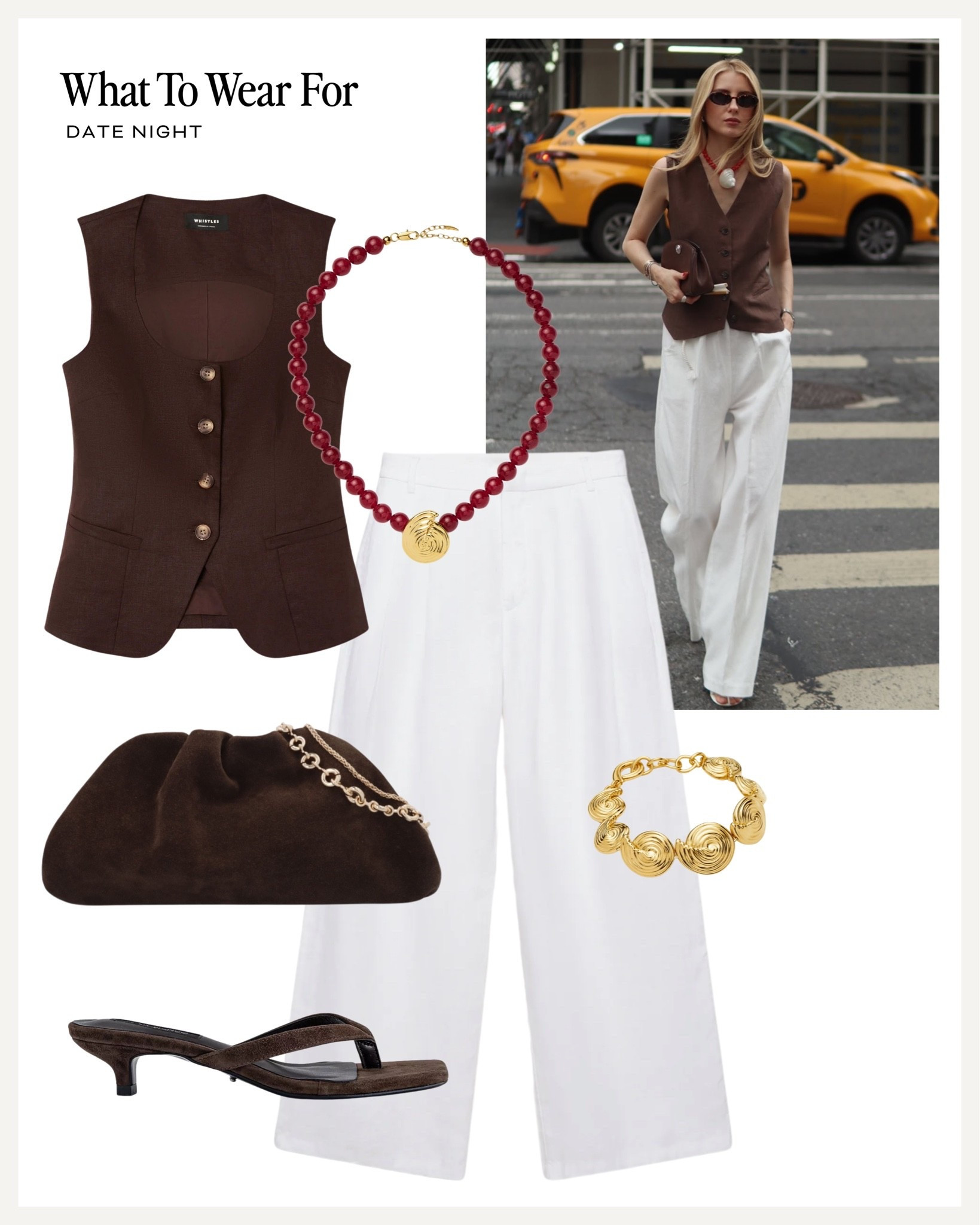 Date night 🍸 

White linen trousers, brown waistcoat, suede clutch, kitten heels, evening style, summer fashion

#LTKsummer #LTKdatenight