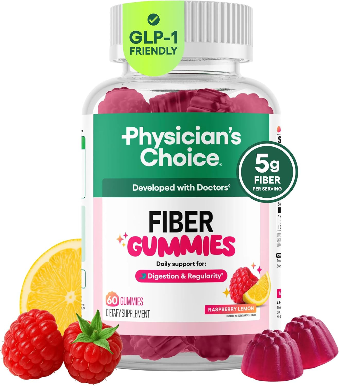 Physician's CHOICE Fiber Gummies for GLP-1 Support - No Sugar Added & Vegan - Raspberry Lemon - Natural Chicory Root Prebiotic Fiber Gummy - Digestive Health & Regularity for Women & Men - 60CT | Amazon (US)
