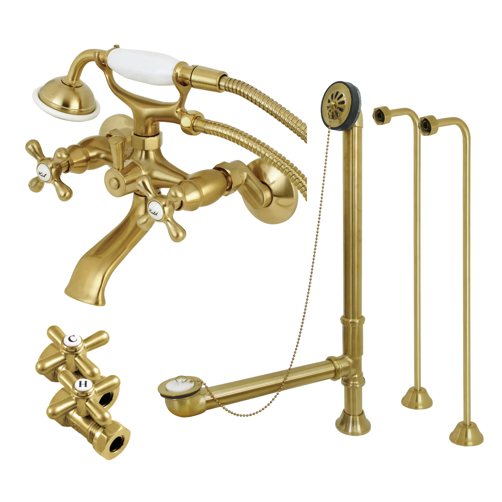 Kingston Brass Vintage Brushed brass 2-handle Wall-mount Low-arc Bathtub Faucet with Hand Shower ( Valve Included ) | WLCCK265SB | Lowe's