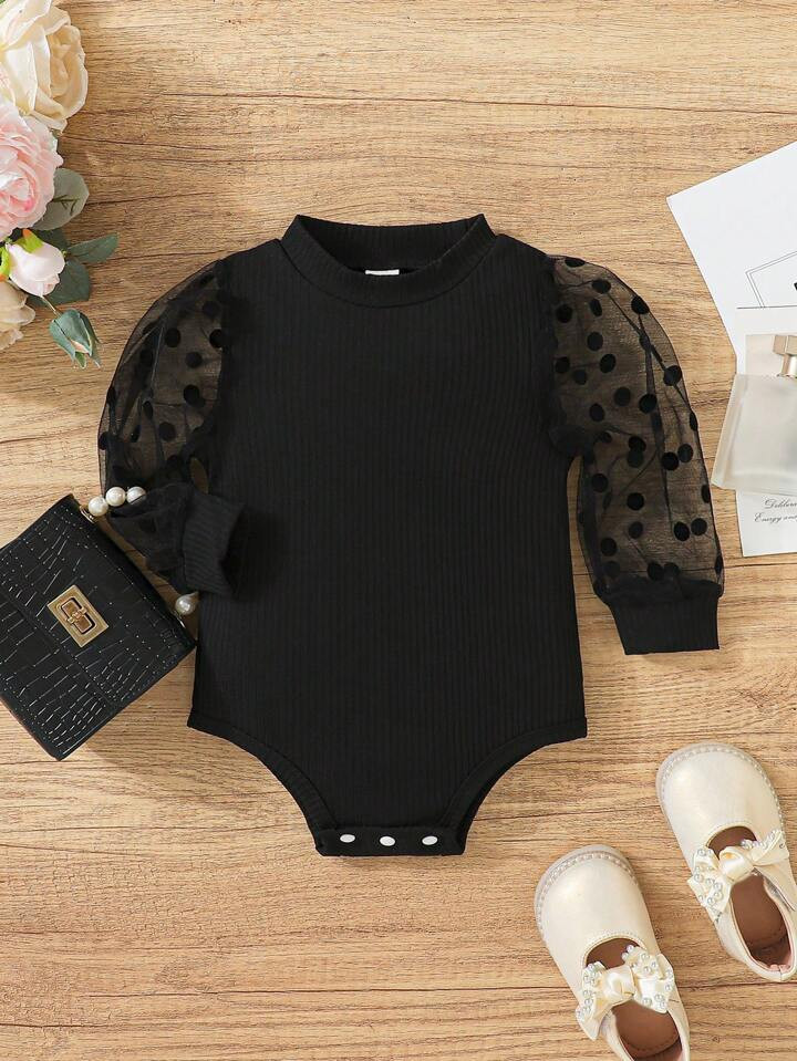 Baby Girl Contrast Dobby Mesh Puff Sleeve Bodysuit | SHEIN