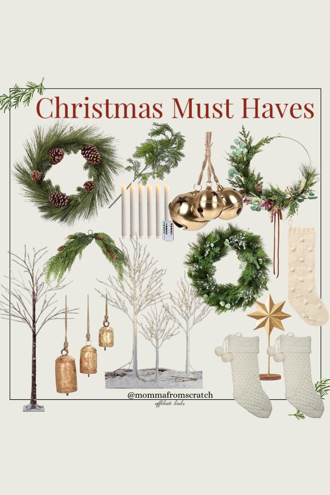 Christmas must haves, gold bells, mix holiday wreath, birch lit trees, cream stockings, faux candles, cedar branch, holiday decor 

#LTKstyletip #LTKHoliday #LTKhome