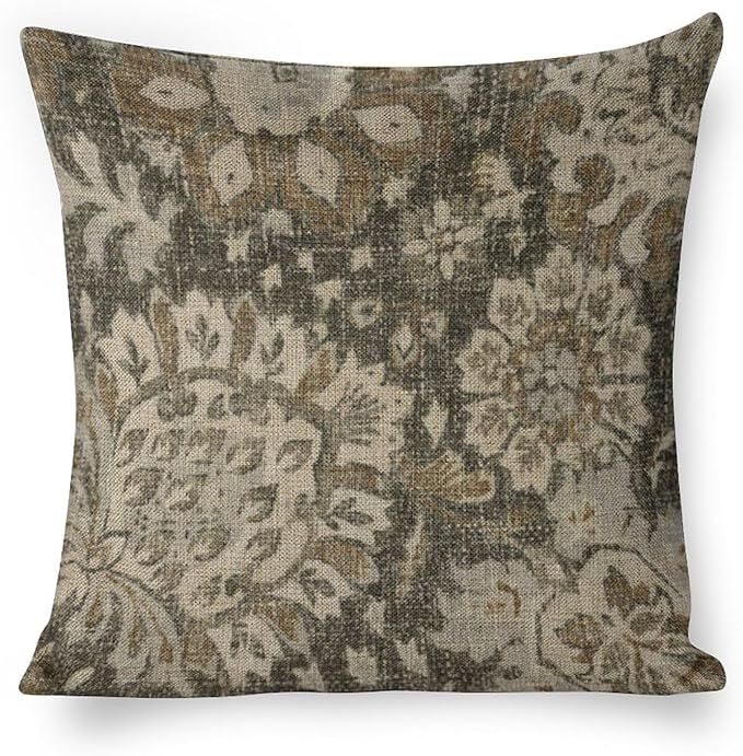 Linen Throw Pillow Covers Brown and Black Bohemian Floral Pillow Cover Vintage Floral Modern Farm... | Amazon (US)
