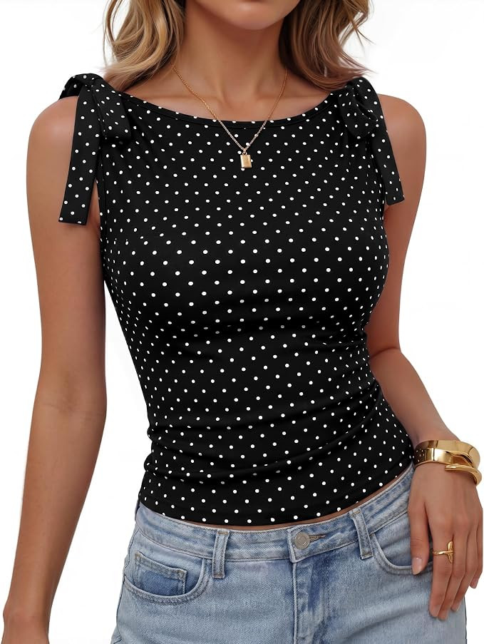 ZESICA Womens Cute Summer Going Out Tank Tops 2026 Y2K Trendy Tie Shoulder Boat Neck Ruch Fitted ... | Amazon (US)