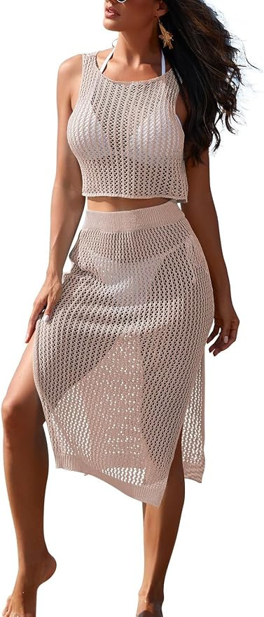 Women's 2 Piece Crochet Swimsuit Coverups Hollow Out Bikini Bathing Suit Cover Up Swimwear Mesh B... | Amazon (US)