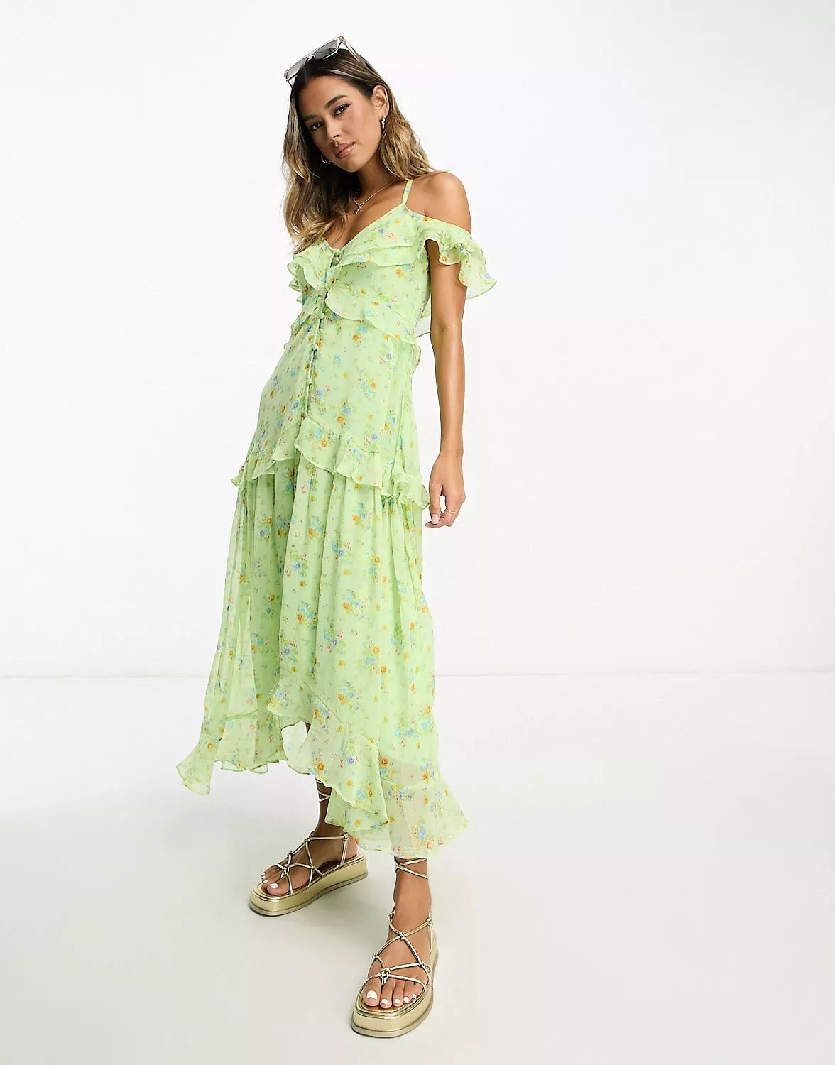 ASOS DESIGN chiffon v neck frill midi tea dress with button through in ditsy floral | ASOS (Global)