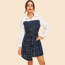 Button Detail Asymmetrical Hem Plaid Dress | SHEIN