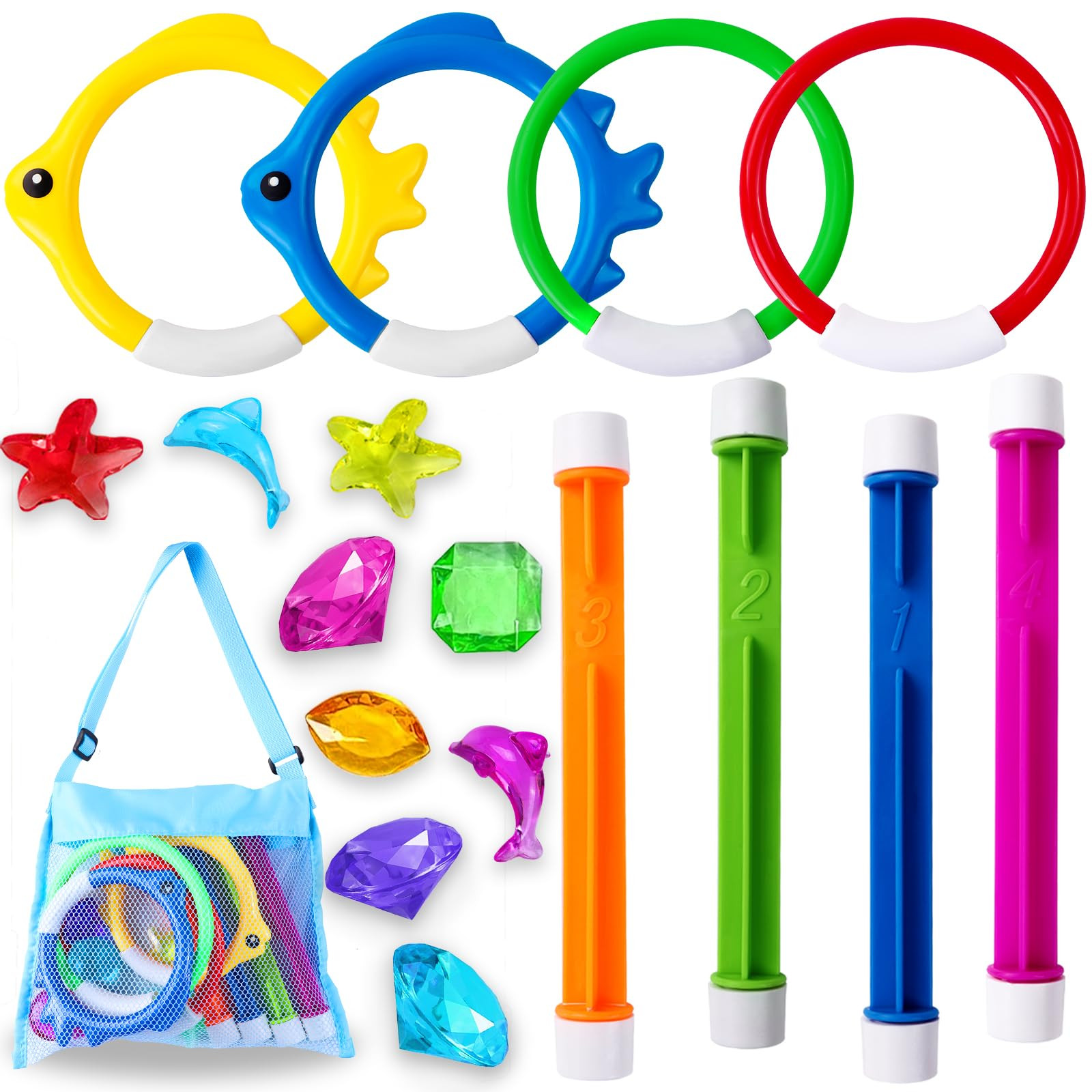 YUJUN 18PCS Pool Diving Swimming Toys, Summer Underwater Game Toys with Pool Fishes Dive Sticks R... | Amazon (US)