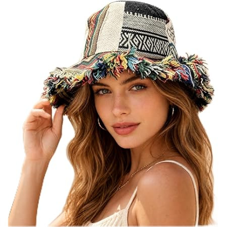 Frayed Patchwork Bucket Hat \u2013 Shapeable Brim, Vintage Patchwork Hemp Sun Bucket Hat for Beac... | Amazon (US)