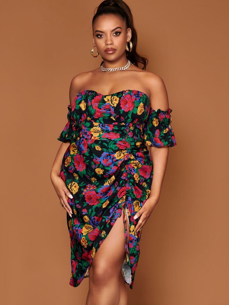 SHEIN BAE Plus Floral Print Off Shoulder Frilled Drawstring Asymmetrical Hem Dress | SHEIN