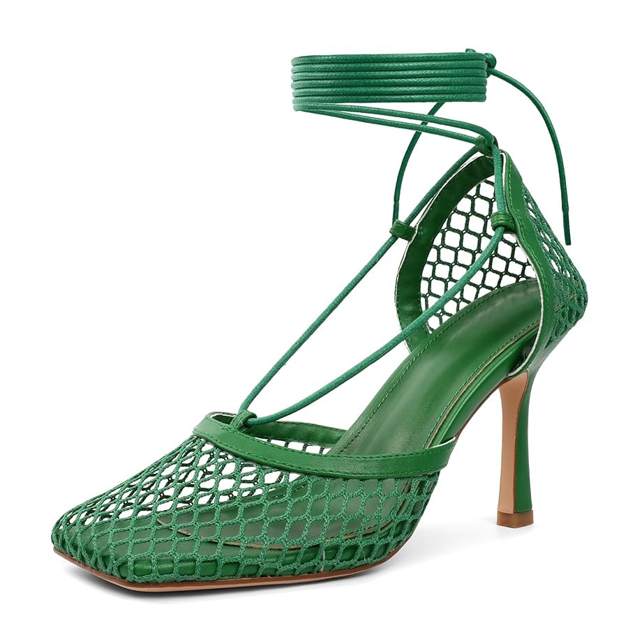 SAMMITOP Women's Square Toe Mesh Lace Up Strappy Sexy Heels Sandals Stiletto High Heel Closed Toe... | Amazon (US)