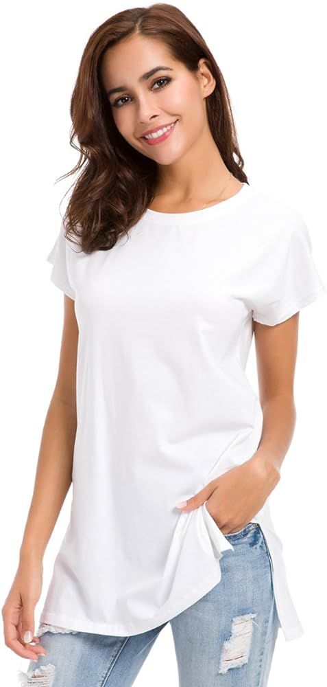 Womens Loose Fitting Side Slit Tops Tunic Short Sleeve Causal T Shirt | Amazon (US)