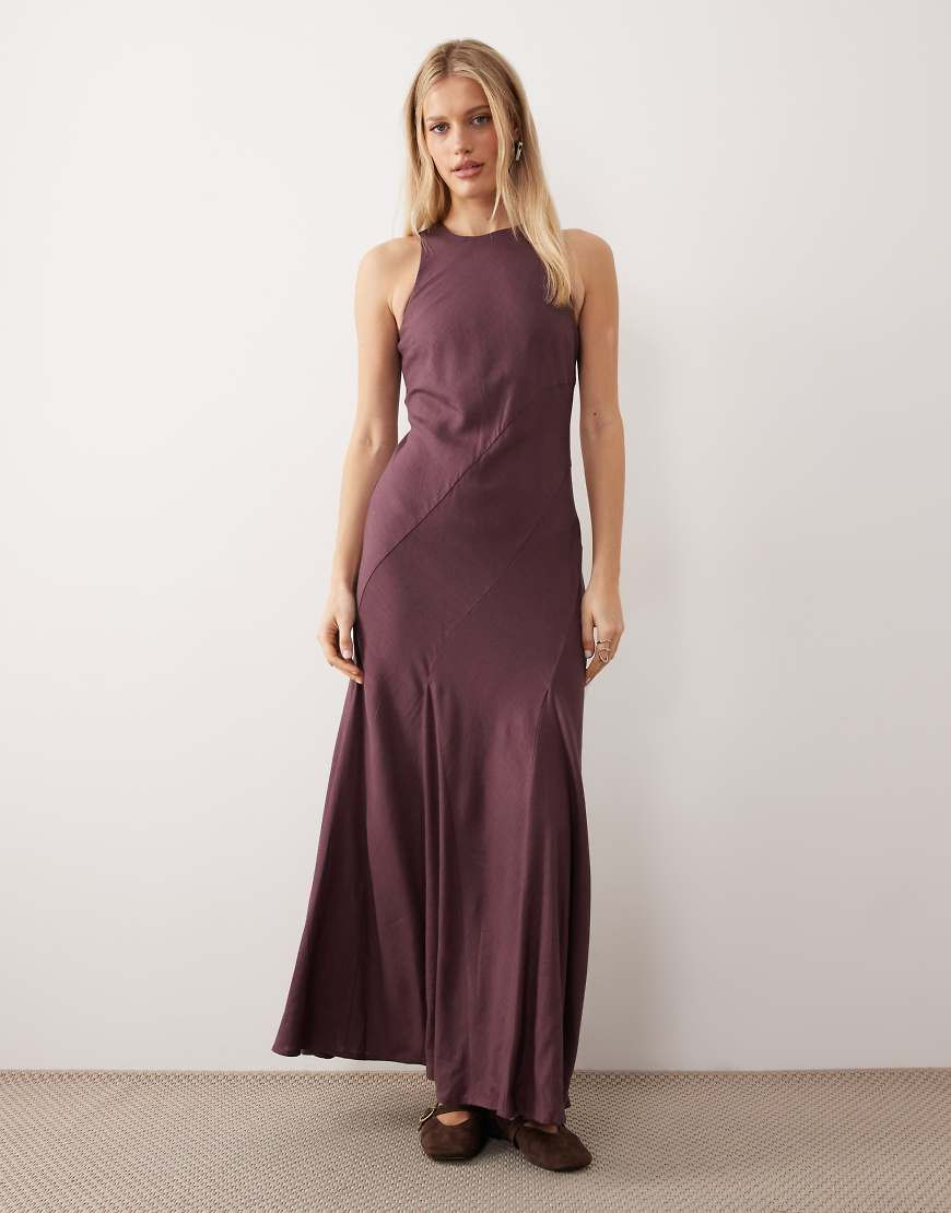 ASOS DESIGN linen blend racer neck maxi sundress with godets in plum-Red | ASOS (Global)