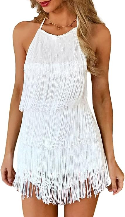 Womens Country Concert Fringe Dress - Western Cowgirl Outfit Backless Halter Elastic Jumpsuit Rod... | Amazon (US)