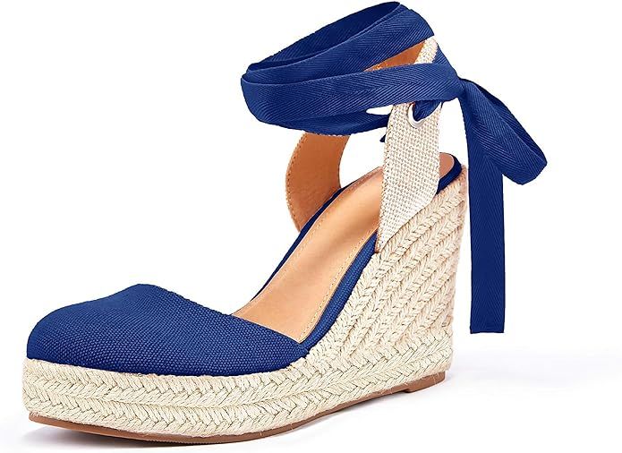 Women's Espadrille Wedge Sandals Closed Toe Lace Up Platform Ankle Wrap Summer Casual Shoes | Amazon (US)