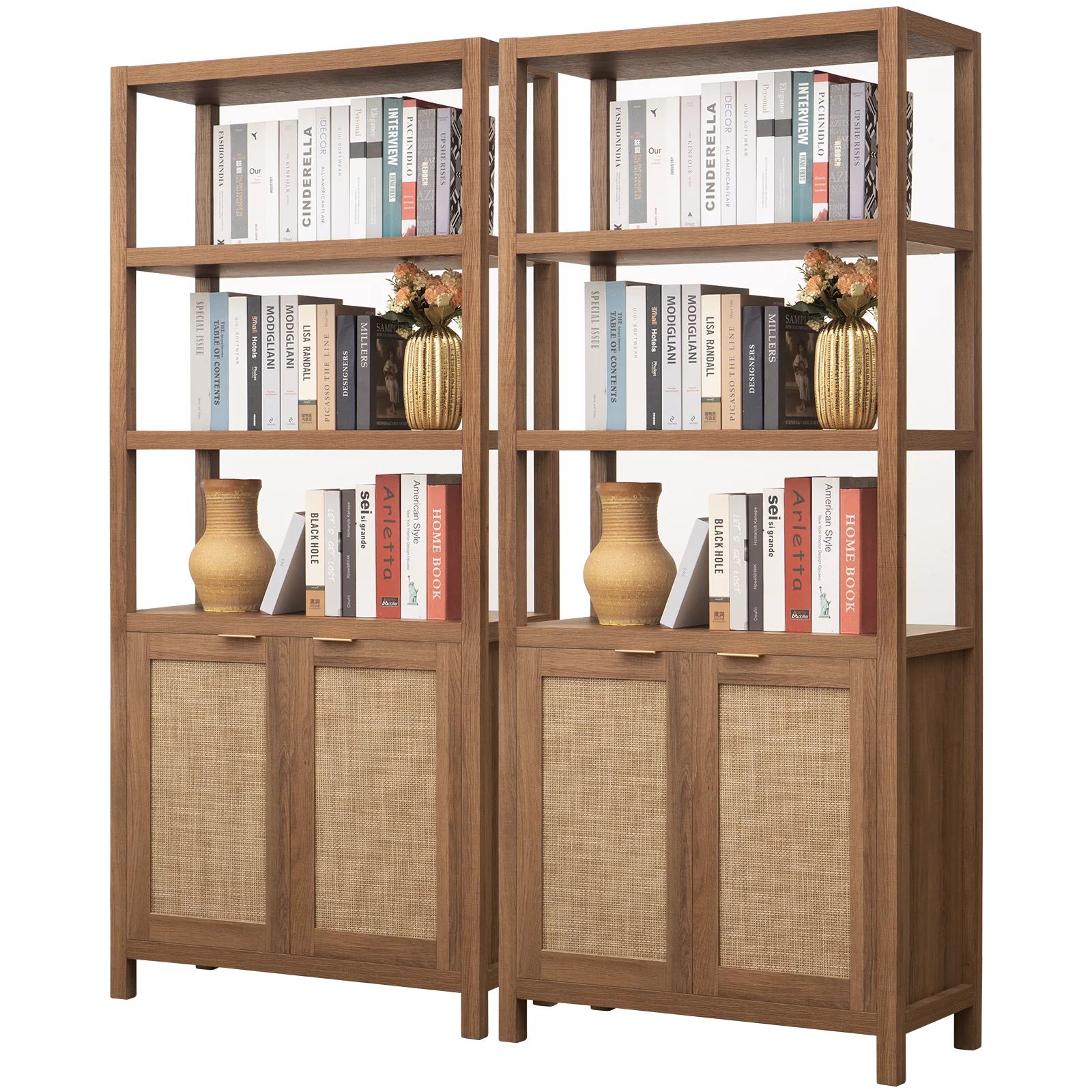 Nopurs Boho Farmhouse Bookcase with Doors - 5 Tier Rattan Tall Bookshelf, Large Wood Shelves,Stor... | Walmart (US)