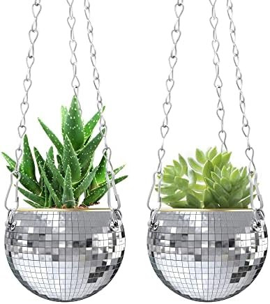 2 Pcs Sliver Disco Ball Planter with Chain,Home Boho Hanging Planter ,4Inch Hanging Mirror Ball Flow | Amazon (US)