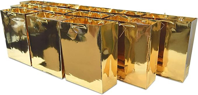 Medium Metallic Gold Paper Gift Bags with Metallic Handles & Hangtag, Premium Quality Party Favor... | Amazon (US)