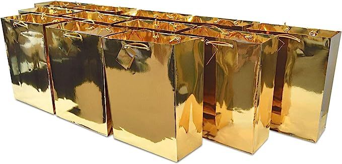 Medium Metallic Gold Paper Gift Bags with Metallic Handles & Hangtag, Premium Quality Party Favor... | Amazon (US)