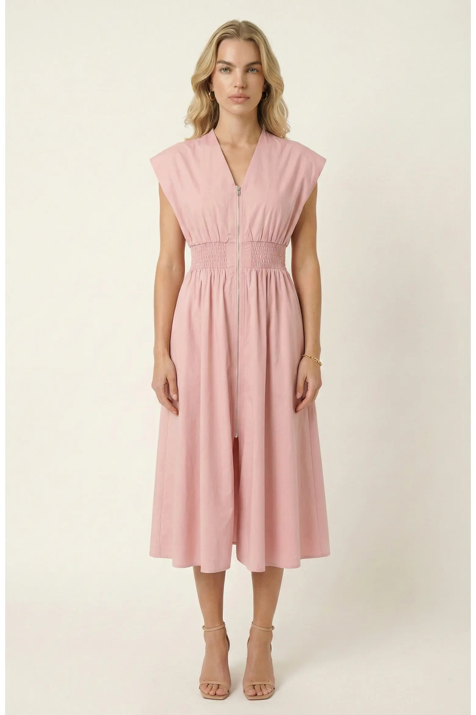 Cap Sleeve Smocked Front Zip Midi Dress (Women) | Nordstrom | Nordstrom