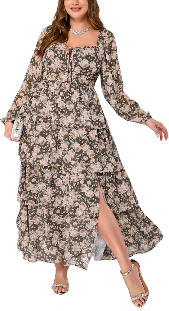 Womens Plus Size Floral Tiered Ruffle Long Sleeve Evening Party Wedding Guest Dress | Amazon (US)