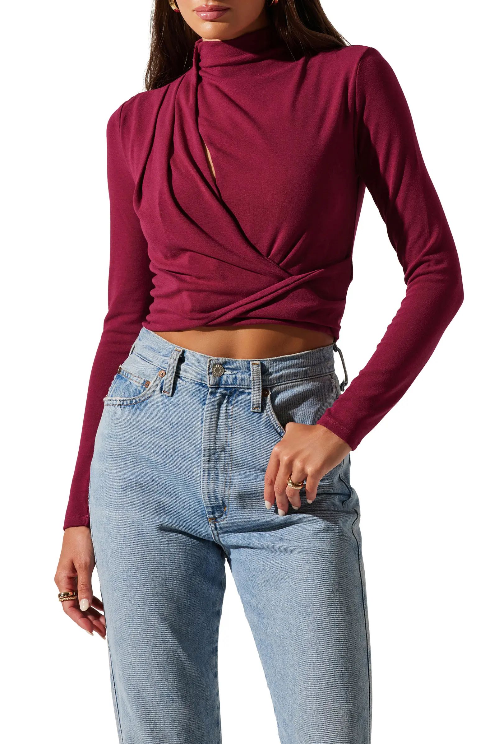 Asymmetric Pleated Cutout Mock Neck Long Sleeve Top | Nordstrom