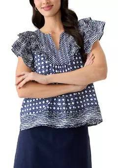 Crown & Ivy™ Women's Short Ruffle Sleeve Printed Top | Belk