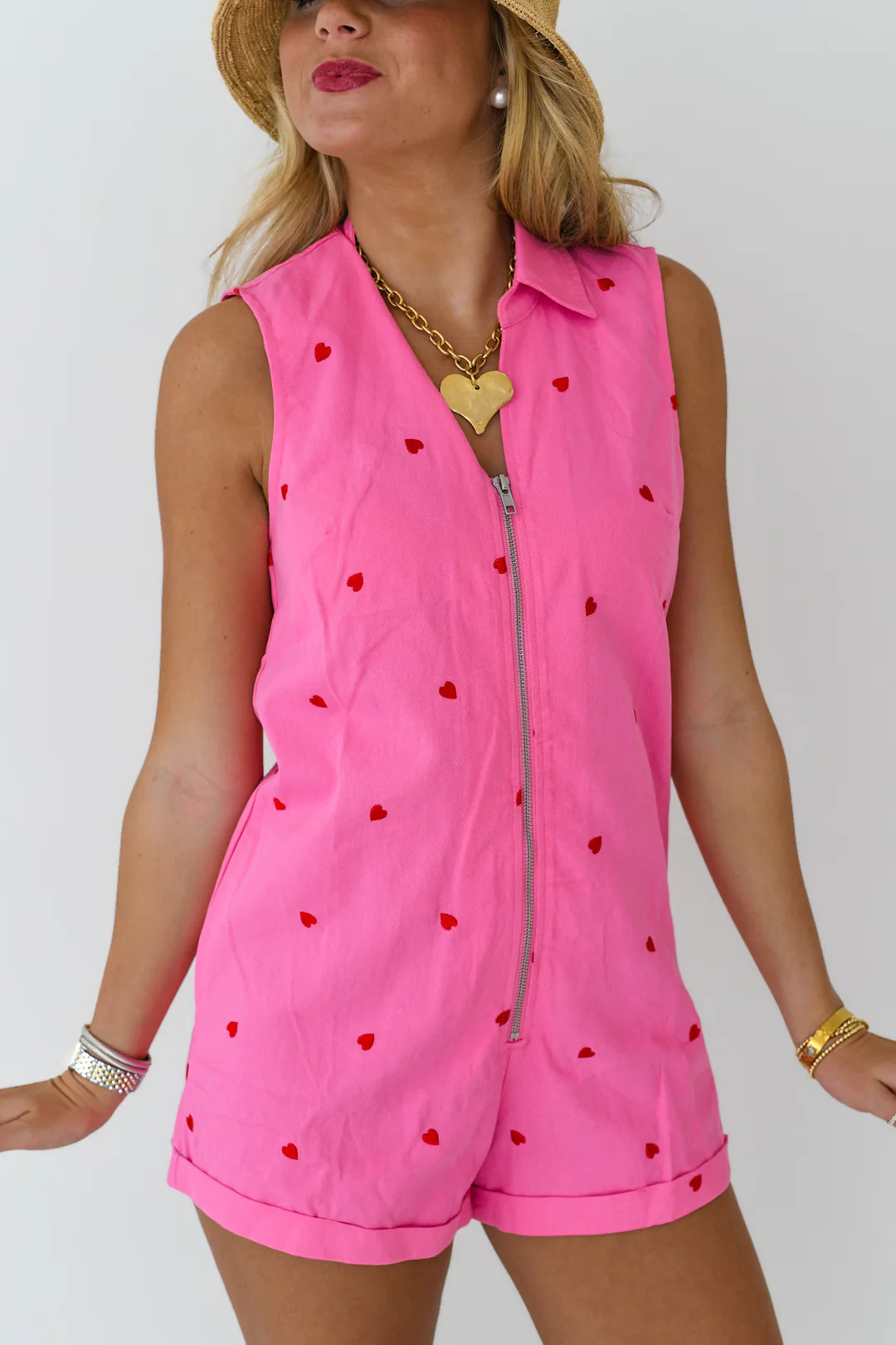 Emma Heart Embroidered Denim Romper - Pink/Red | Fancyd Boutiqe