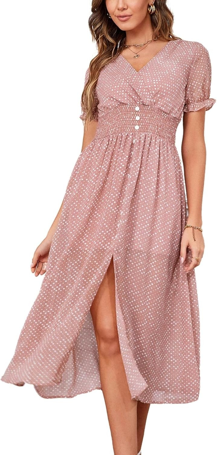 Raikamitu Women's Summer Sexy Wrap V Neck Dress Puff Short Sleeve Polka Dot High Low Smocked Cock... | Amazon (US)
