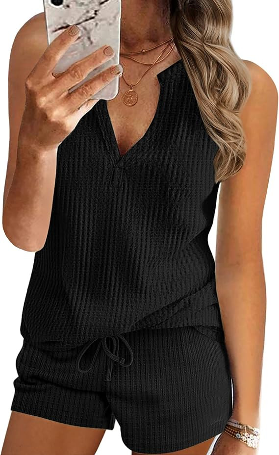 ANGGREK Women's Pajama Sets Sleeveless Tops and Shorts with Pockets 2 Piece PJ Sets for Loungewea... | Amazon (US)