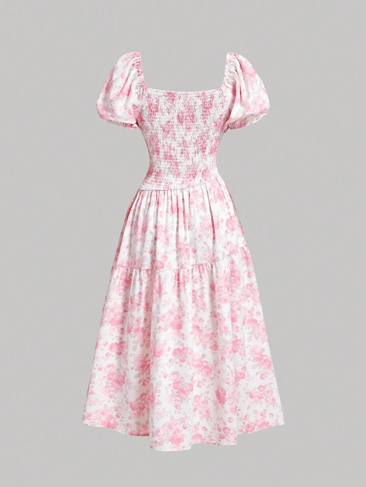SHEIN MOD Pink And White Printed Floral Asymmetrical ,Summer Holiday Women's Long Dress , Party,Milkmaid,Pastel Dresses For Women | SHEIN