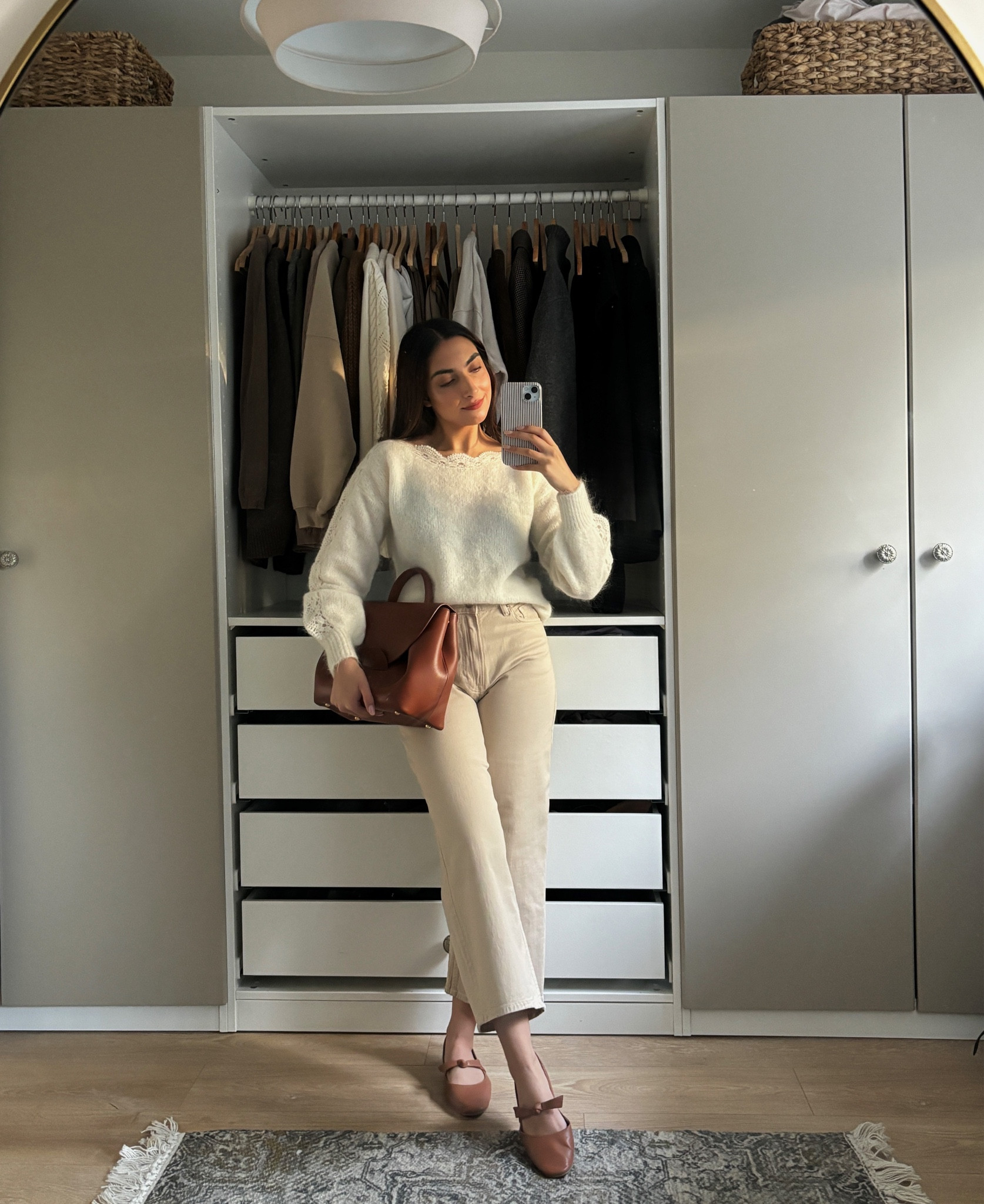 winter fashion, autumn fashion inspo, white jumper, white lace jumper, sezane, petite jeand, wide leg jeans, cream jeans, h&m, monsoon flats, brown mary jane flats, black mary jane flats, polene paris bag

#LTKstyletip #LTKeurope #LTKSeasonal