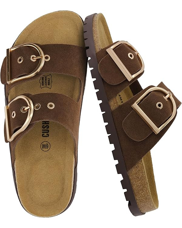 CUSHIONAIRE Brook Women’s Suede Double-Buckle Cork Footbed Slide Sandals with Memory Foam Comfo... | Amazon (US)
