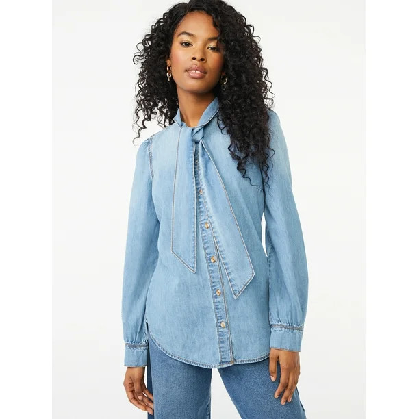 Scoop Women's Tie-Neck Denim Blouse | Walmart (US)