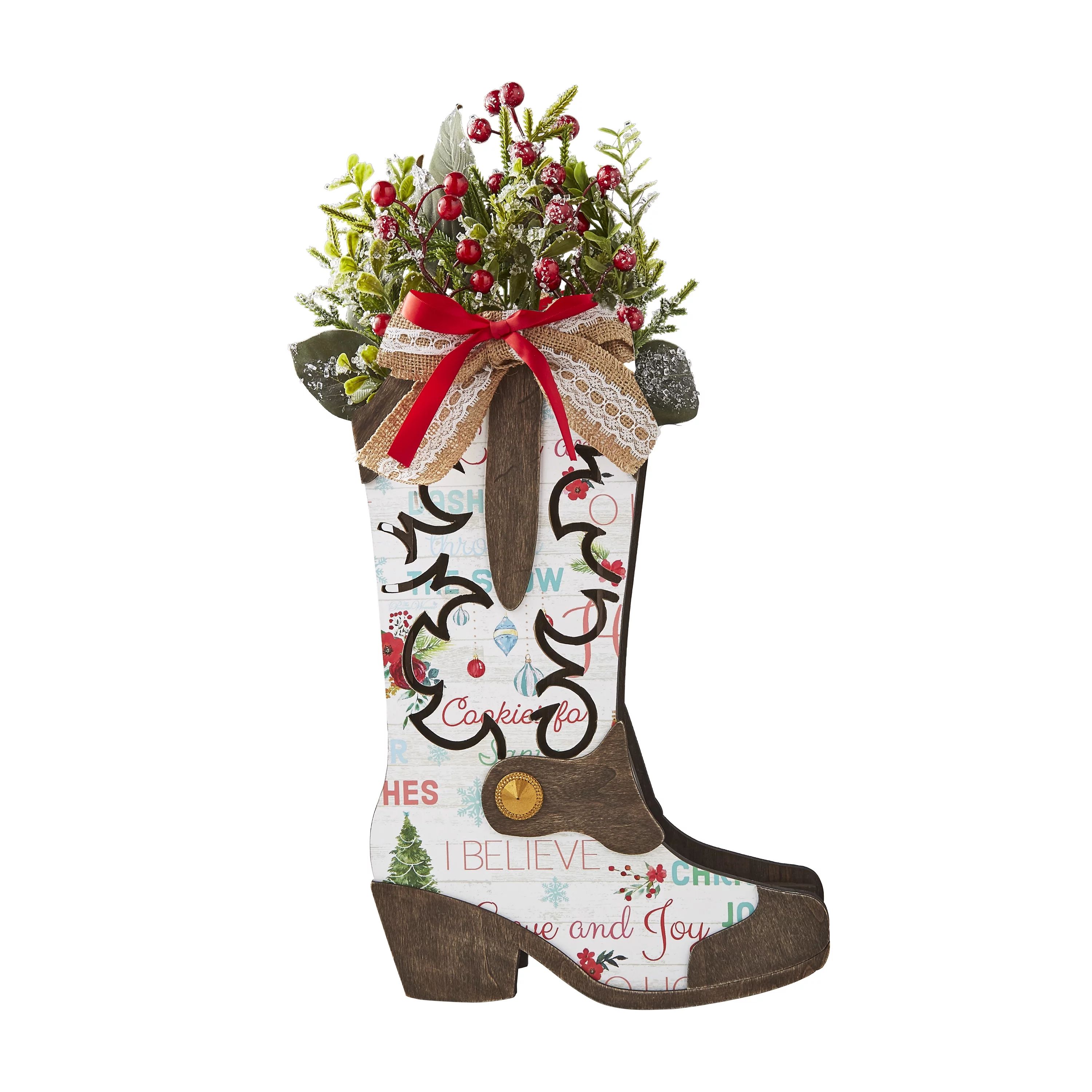 The Pioneer Woman Multi-Color Retro Holiday Sentiments Wooden Tabletop Christmas Decorative Boot | Walmart (US)