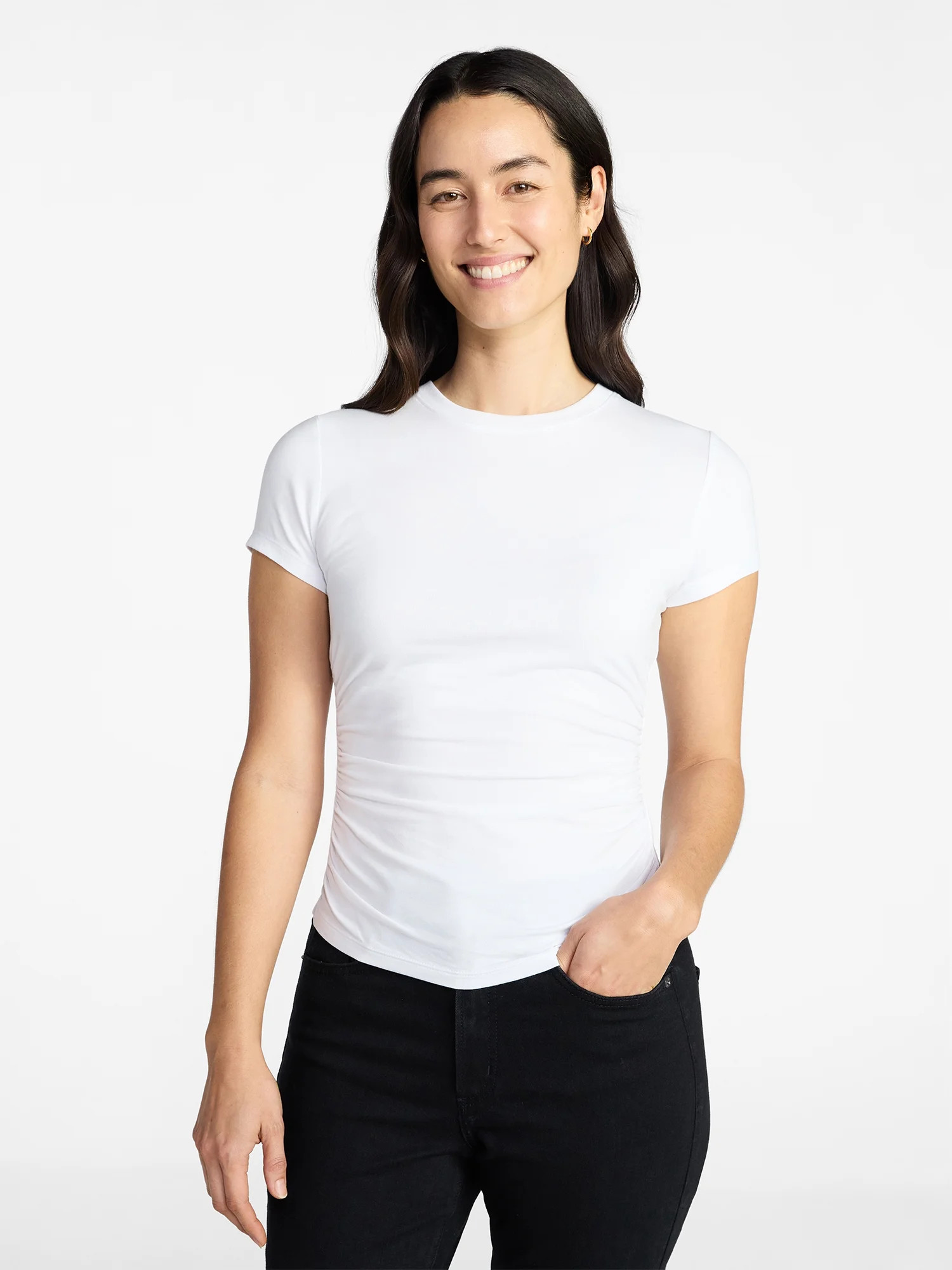 Time and Tru Women’s Ruched Tee with Short Sleeves, Sizes XS-XXXL | Walmart (US)