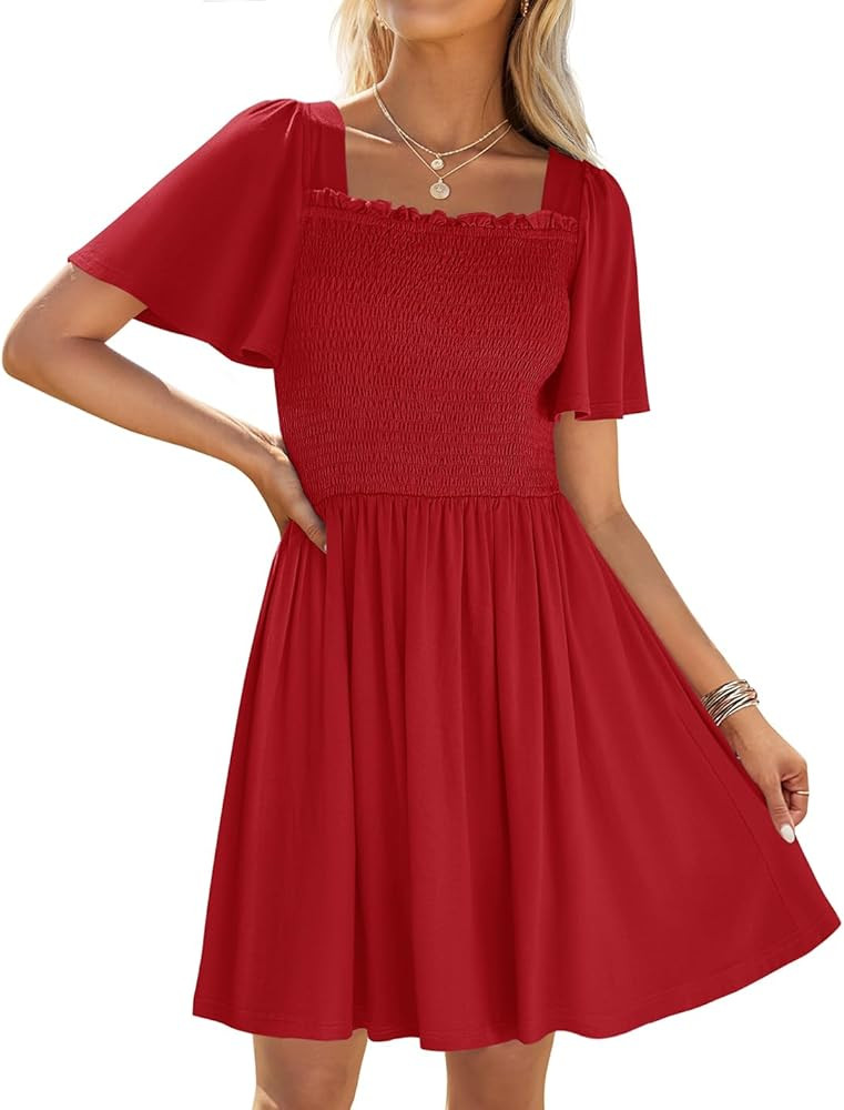 ZESICA Women's 2025 Summer Casual Mini Dress Flutter Short Sleeve Square Neck Smocked Tiered Ruff... | Amazon (US)