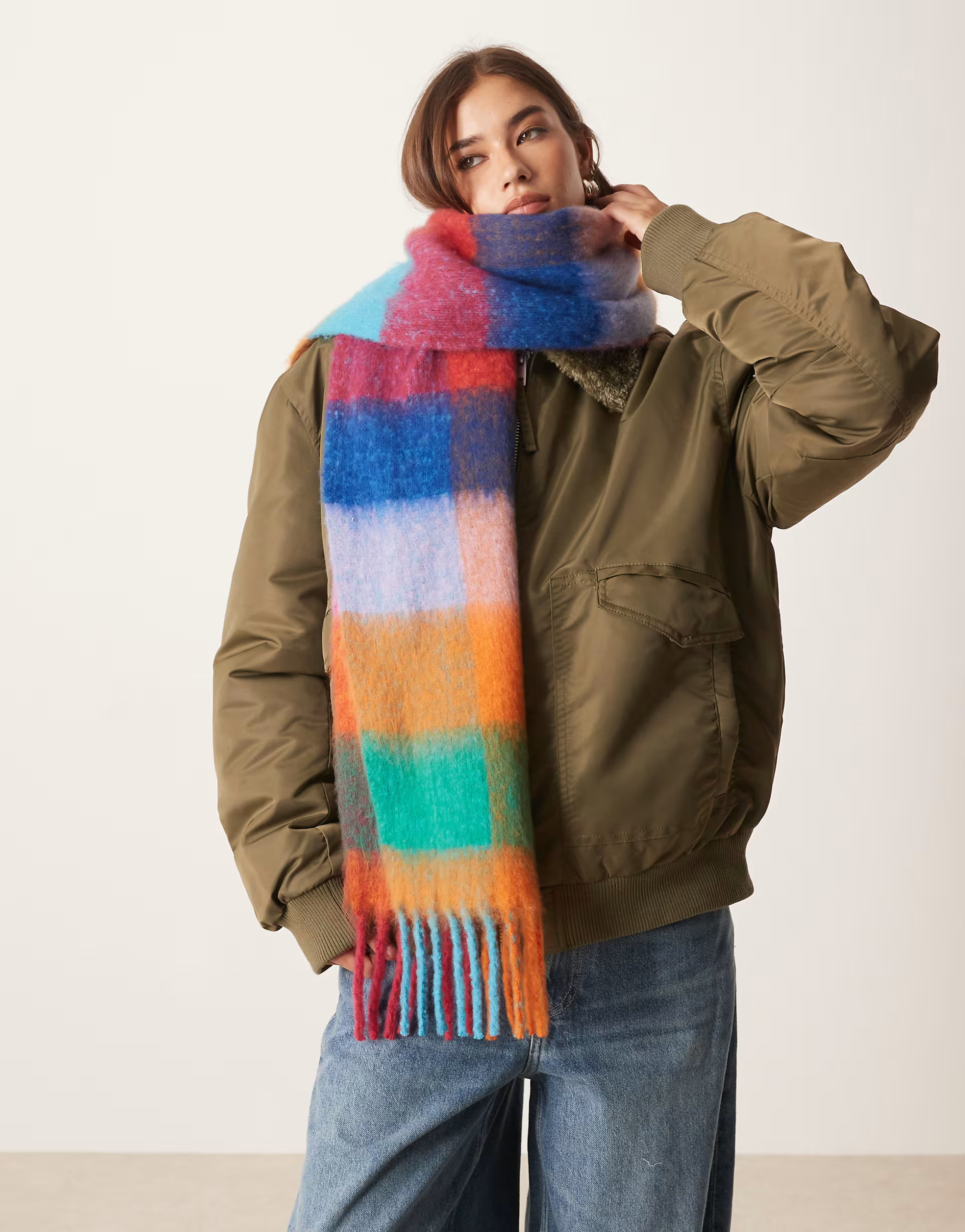 ASOS DESIGN woven scarf with oversized plaid design in multi | ASOS | ASOS (Global)