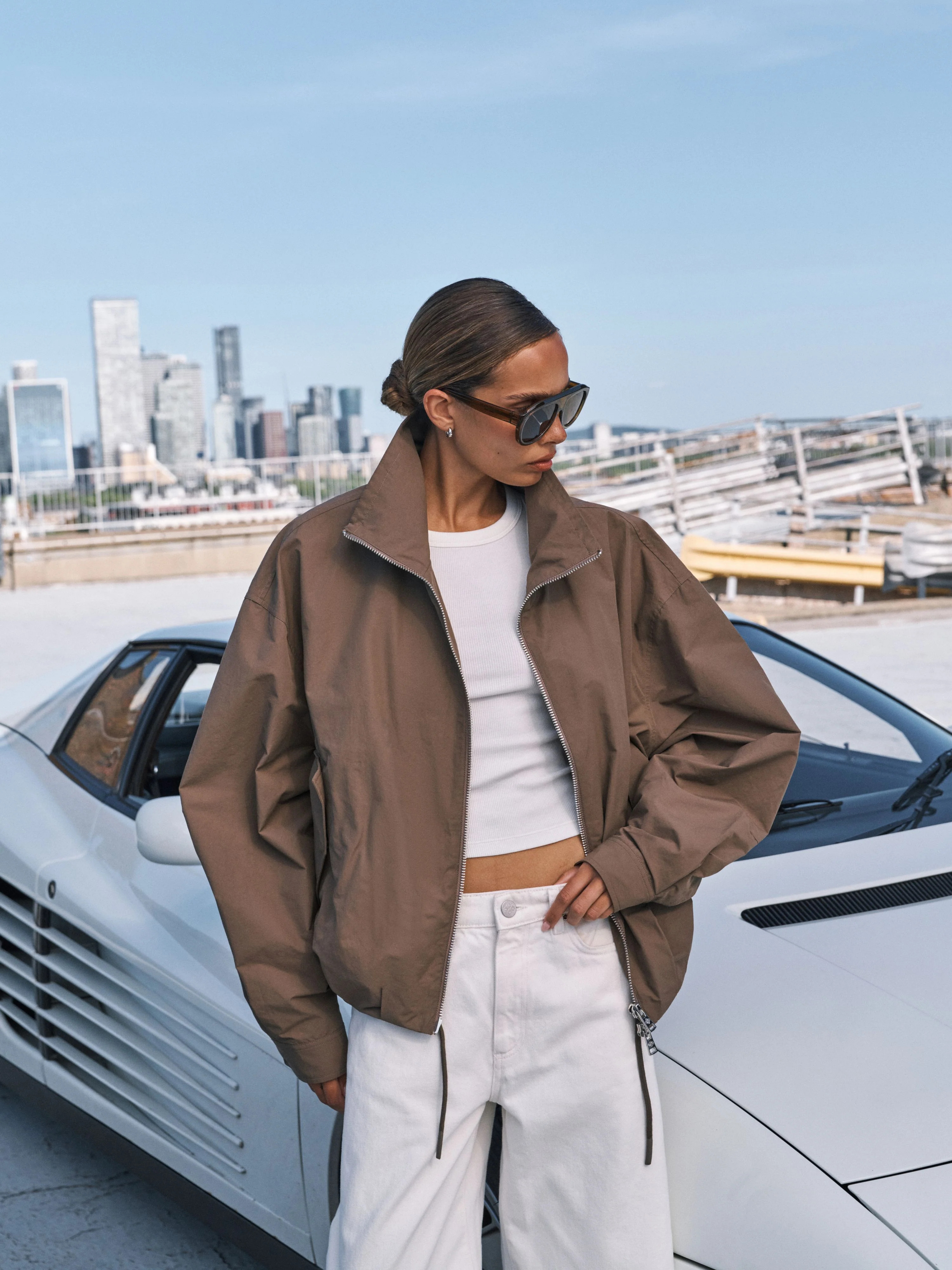 TECHNICAL FUNNEL NECK JACKET - BROWN | The Couture Club
