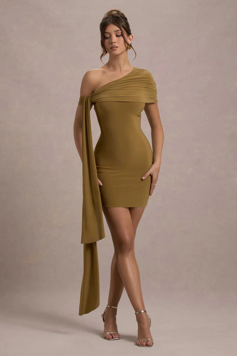Alessio | Mustard One-Shoulder Mini Dress With Drape | Club L London