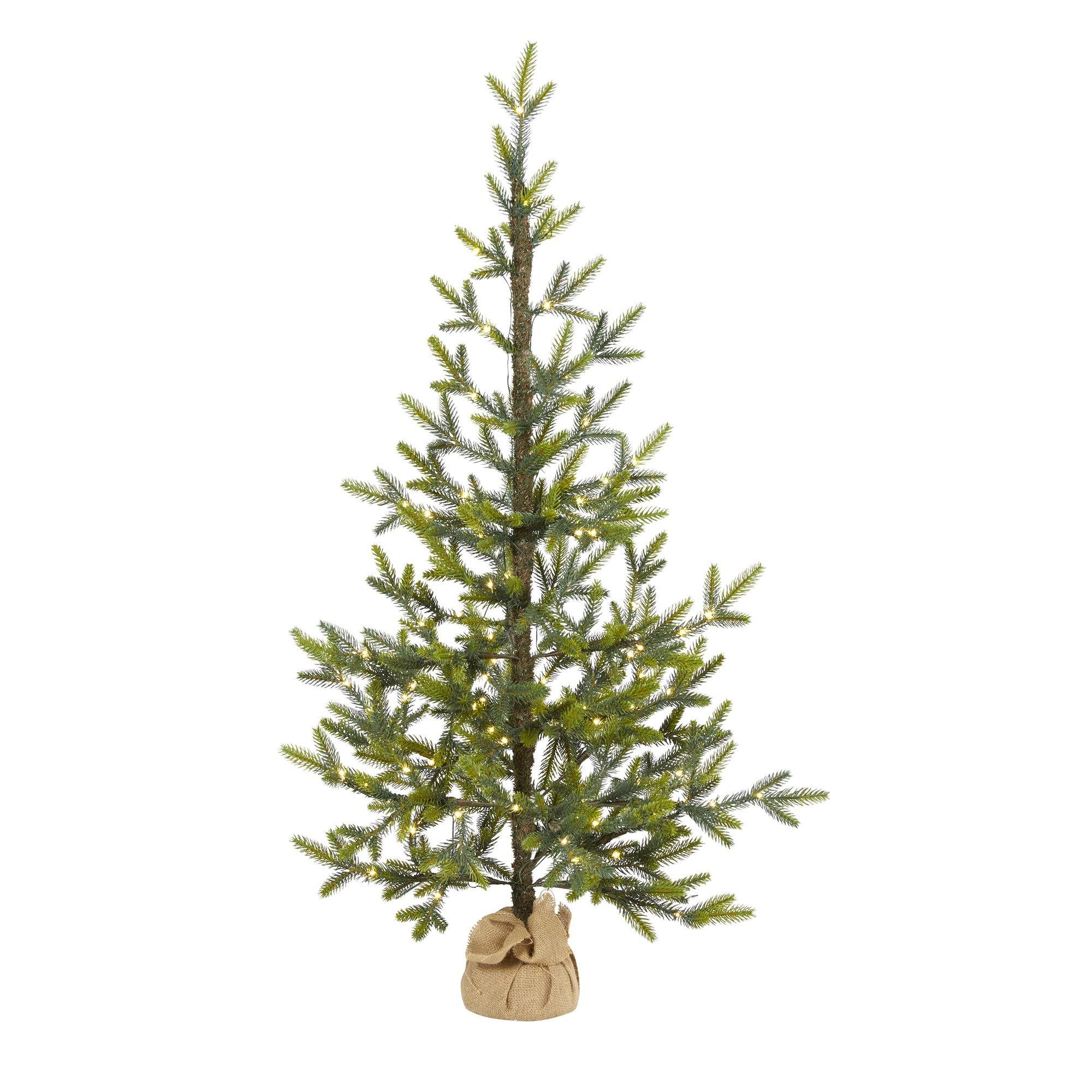 4’ Fraser Fir “Natural Look” Artificial Christmas Tree with 100 Clear LED Lights, a Burlap ... | Nearly Natural