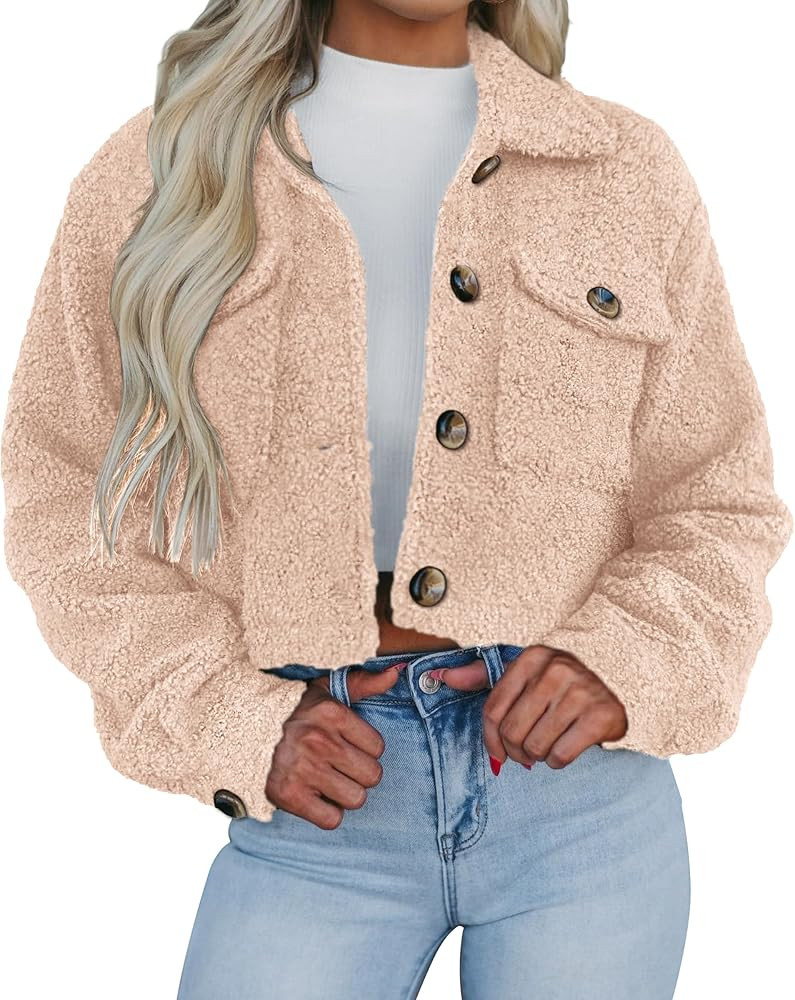 PRETTYGARDEN Womens Fall Clothes Sherpa Shacket Jacket Fuzzy Lapel Button Down Cropped Coat Winte... | Amazon (US)