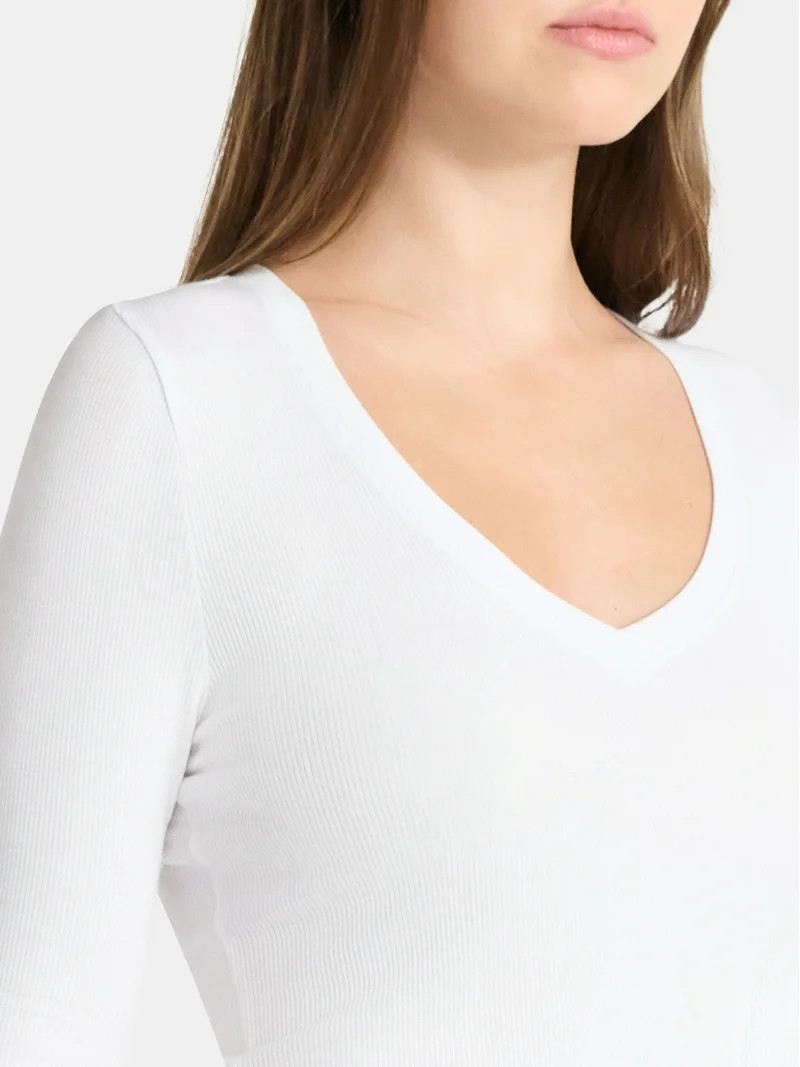 No Boundaries V-Neck Ribbed Top with Long Sleeves, Women’s | Walmart (US)